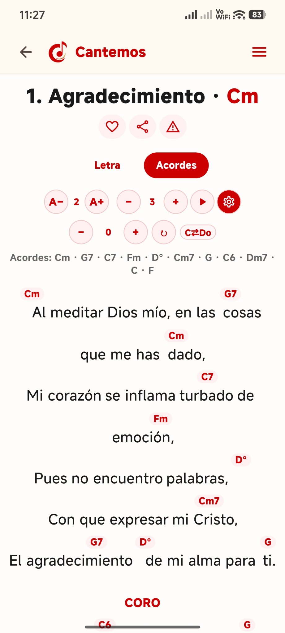 Letra con acordes y controles de Cantemos